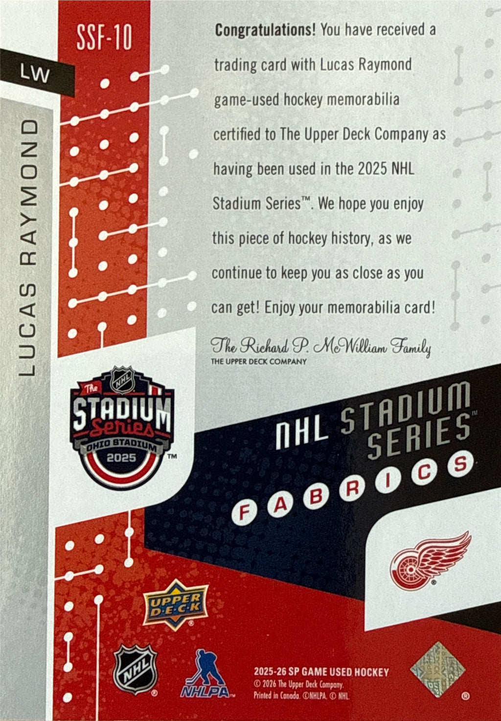 2025-2026 SP Game Used Lucas Raymond Stadium Series Fabrics #SSF10