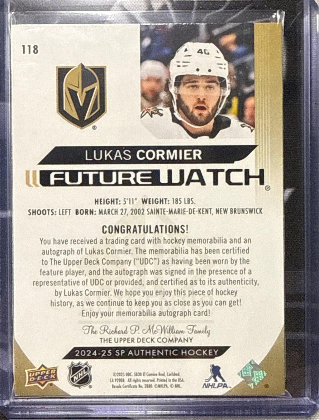 2024-25 SP Authentic Lukas Cormier Future Watch Patch Auto #118 Back