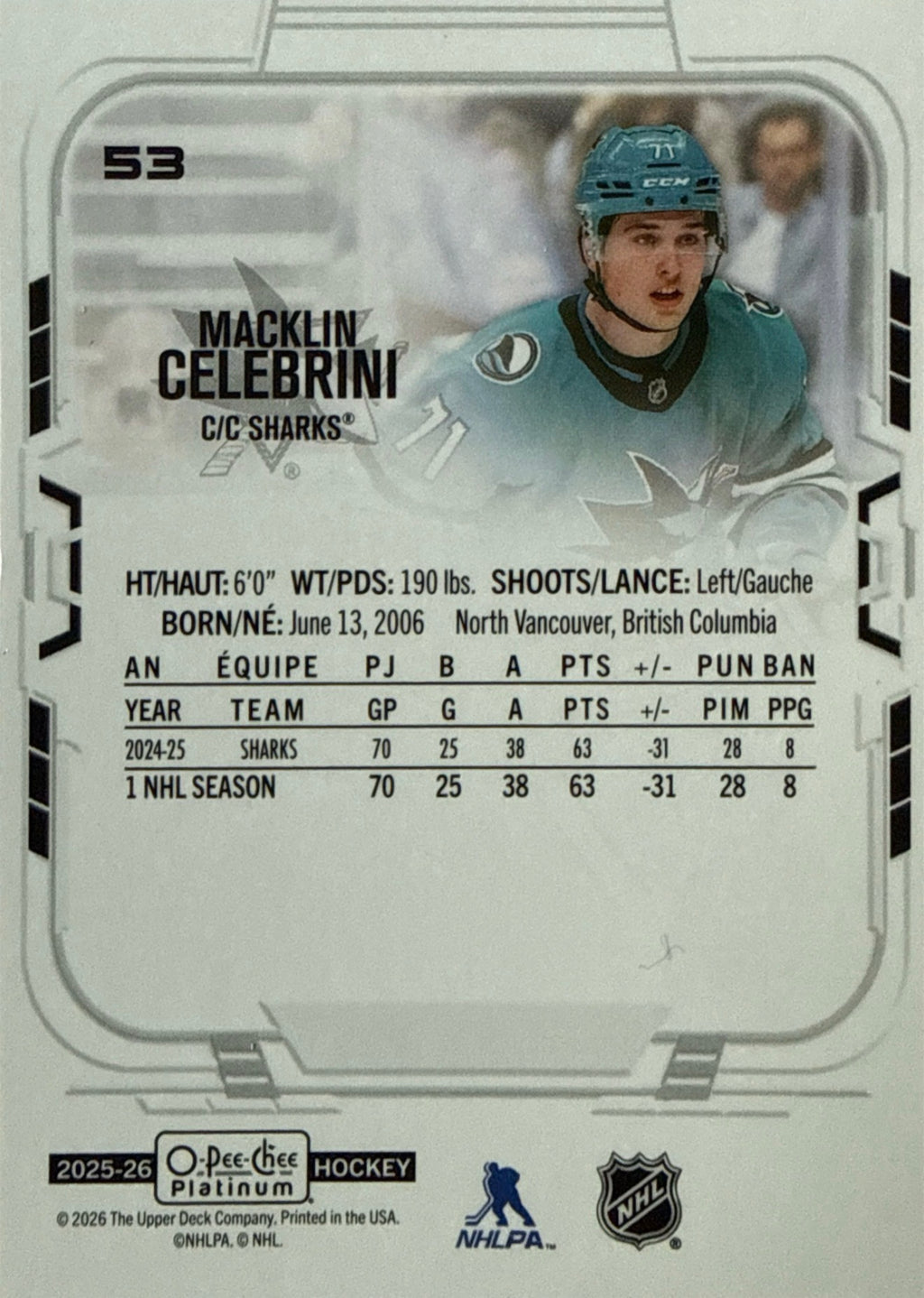 2025-26 O-Pee-Chee Platinum Macklin Celebrini #53 Back
