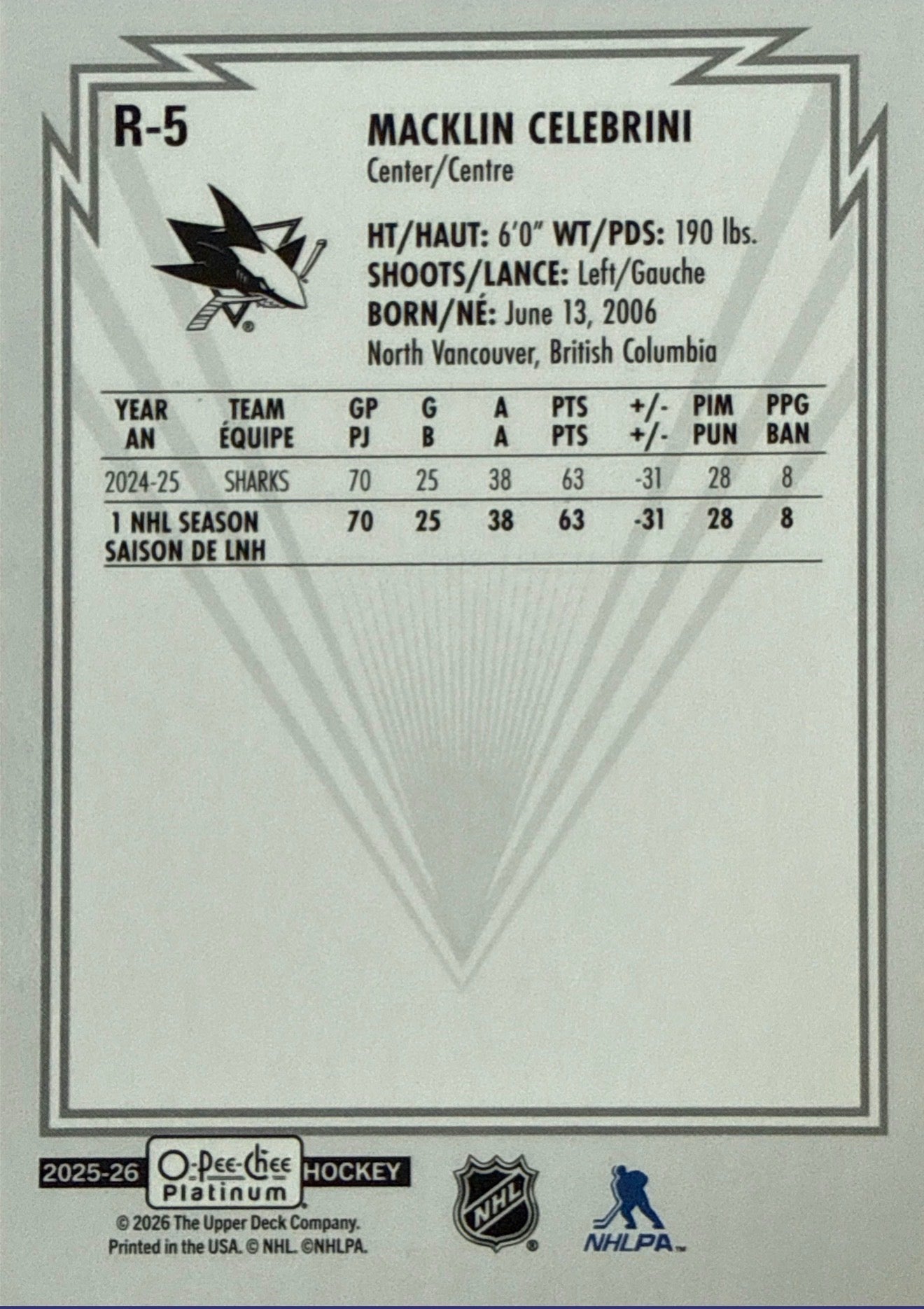 2025-26 O-Pee-Chee Platinum Retro Macklin Celebrini #R-5 Back