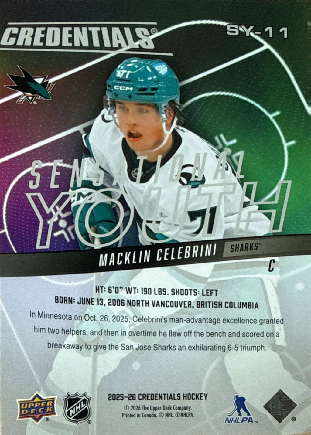 2025-26 Upper Deck Credentials Sensational Youth Macklin Celebrini #SY-11 Back