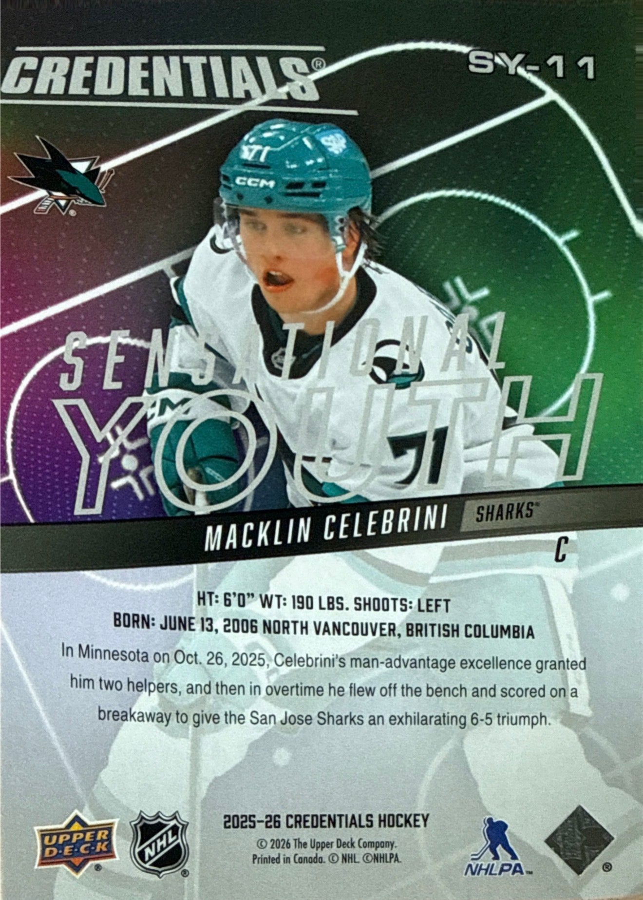 2025-26 Upper Deck Credentials Sensational Youth Macklin Celebrini #SY-11 Back