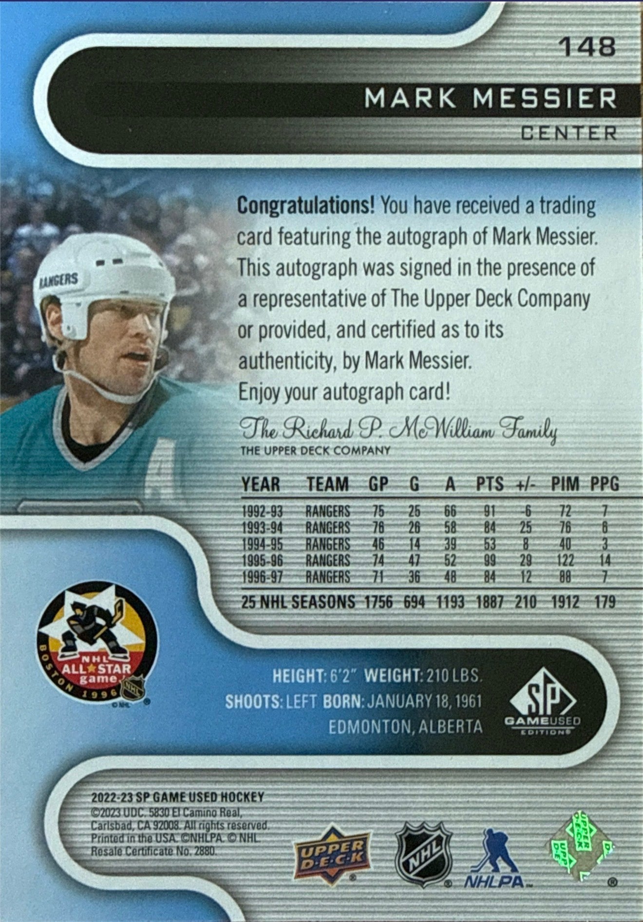 2022-23 SP Game Used Mark Messier Legend Auto #148 - Back