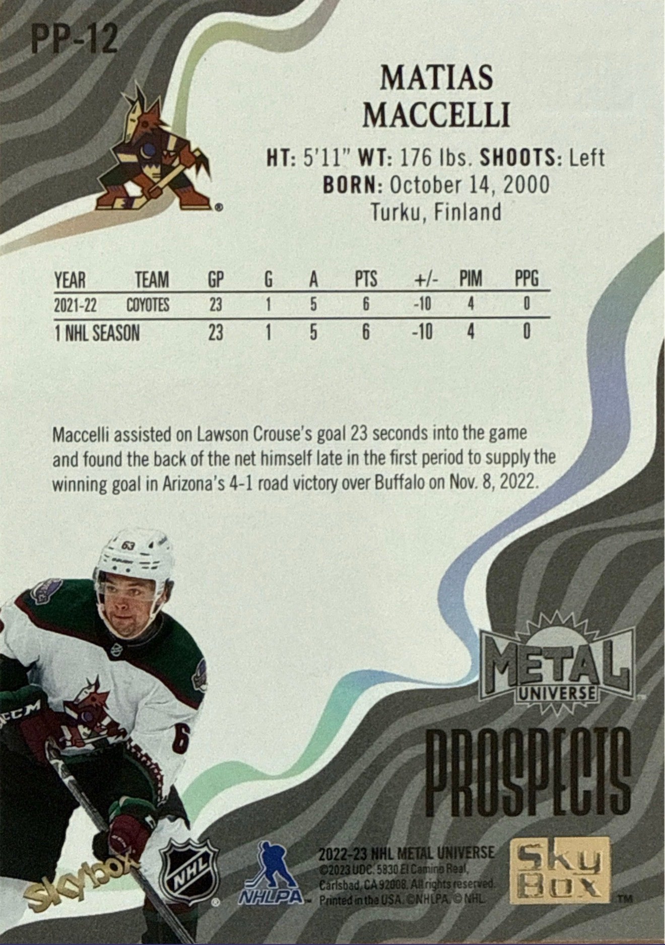 2022-23 Metal Universe Matias Maccelli Prospects Emerald #PP-12 09/10 - Back