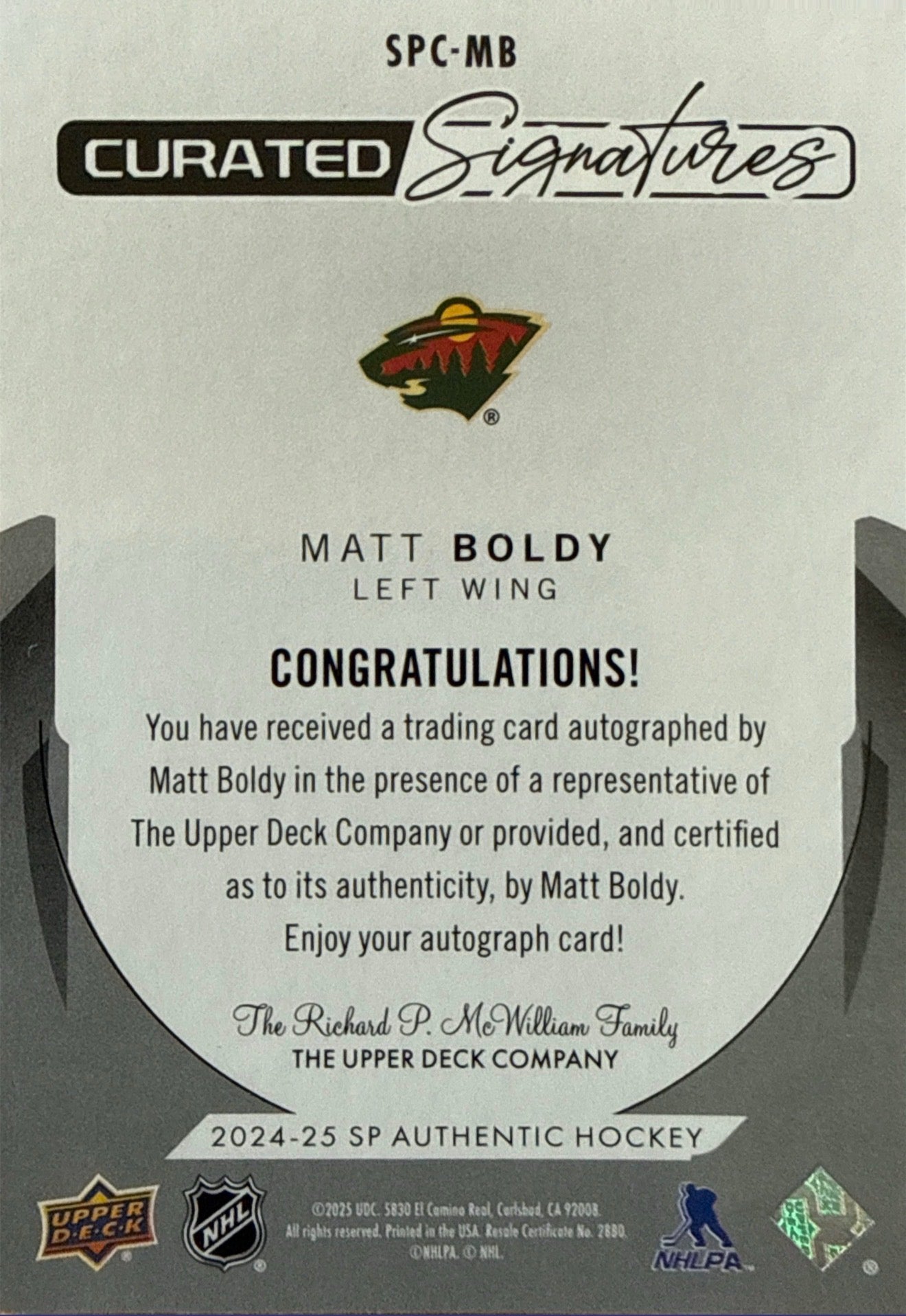 2024-25 SP Authentic Matt Boldy Curated Signatures 11/25 - Back