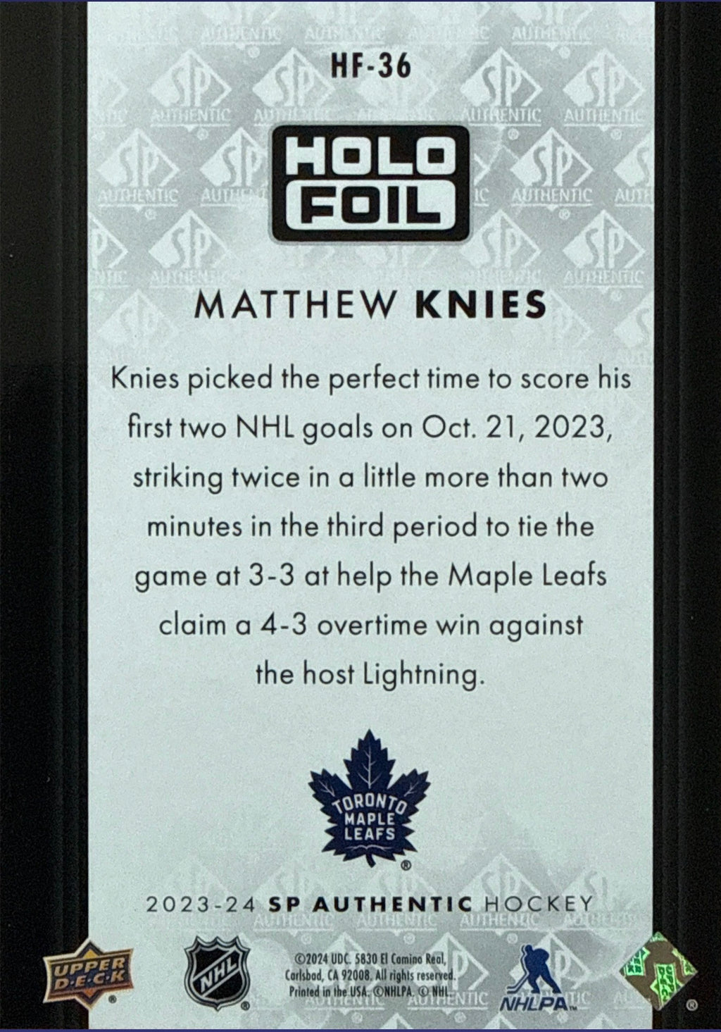 2023-24 SP Authentic Matthew Knies Holo Foil #HF-36 - Back