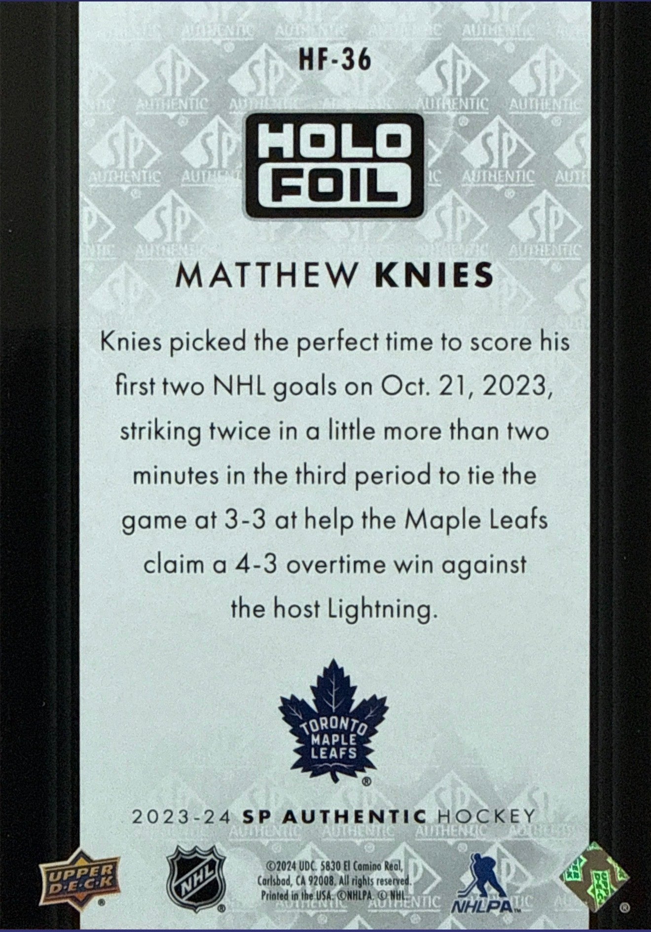 2023-24 SP Authentic Matthew Knies Holo Foil #HF-36 - Back