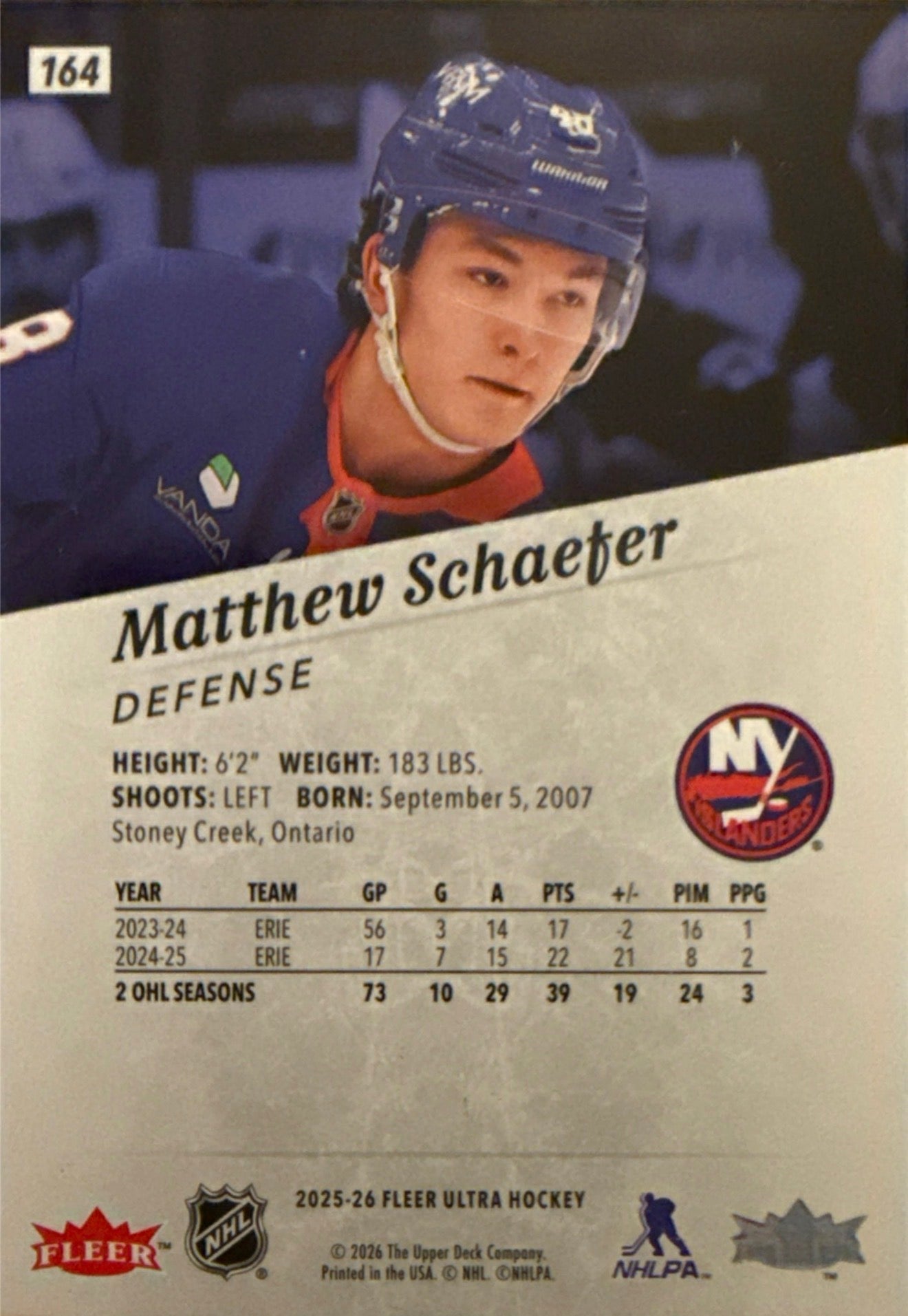 2025-26 Matthew Schaefer Fleer Ultra Hockey Rookie #164 - Back