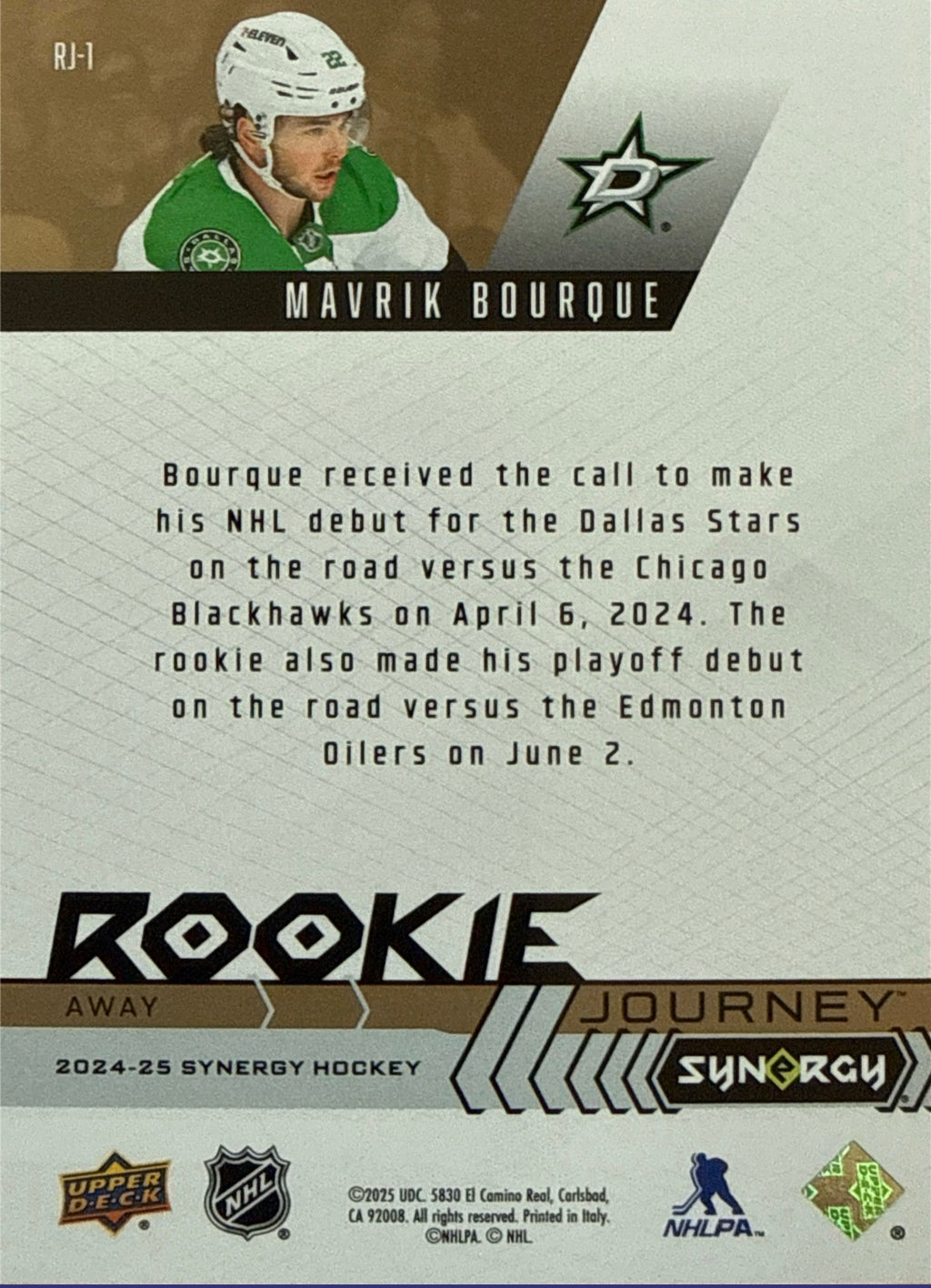 2024-25 Upper Deck Synergy Mavrik Bourque Rookie Journey Away #RJ-1 23/25 - Back