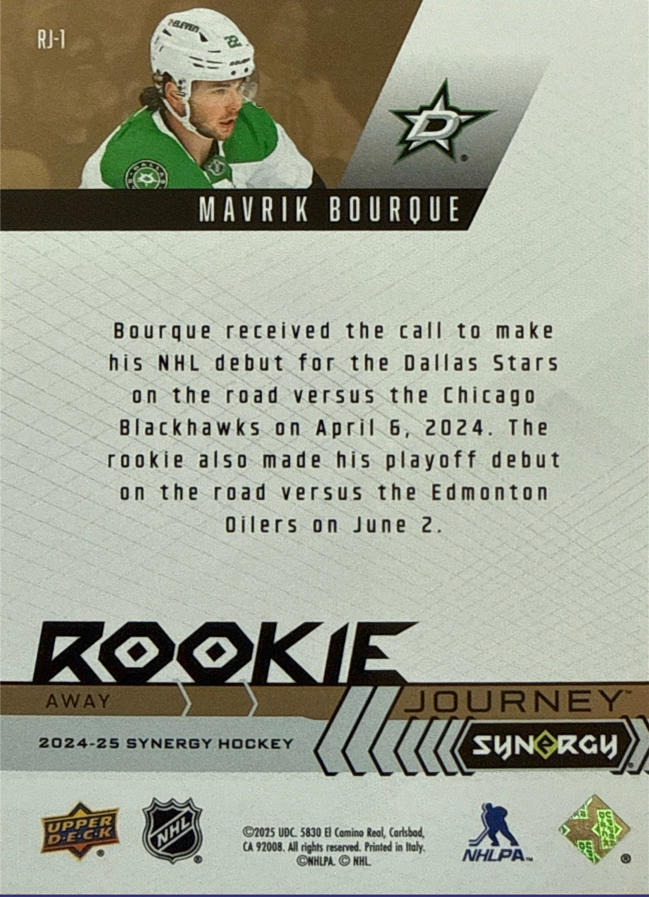 2024-25 Upper Deck Synergy Mavrik Bourque Rookie Journey Away #RJ-1 23/25 - Back