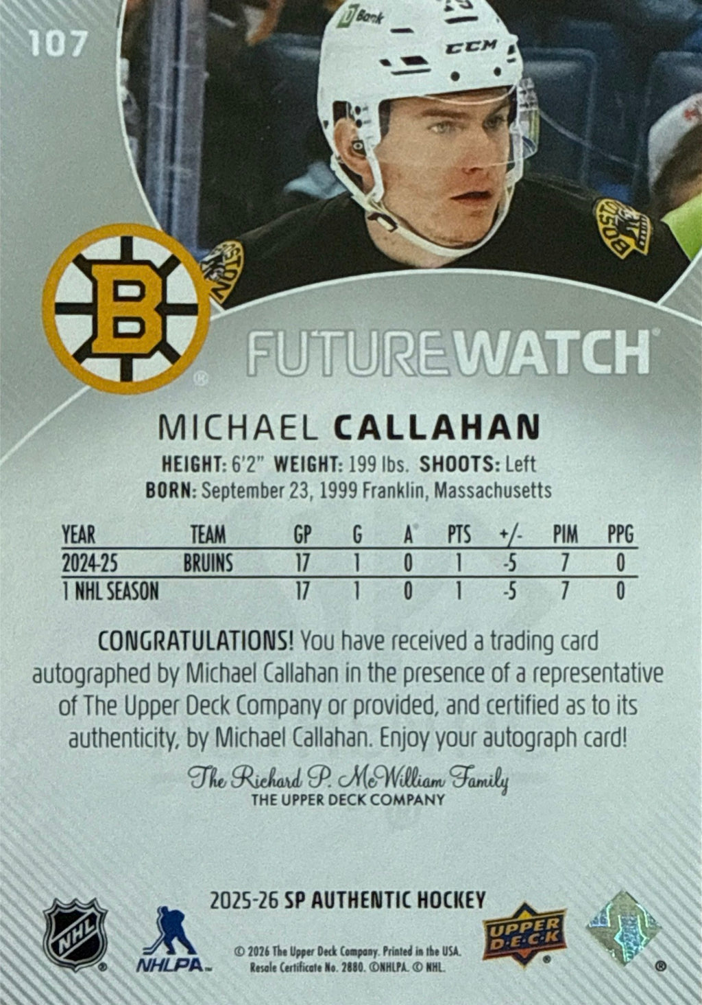 2025-26 SP Authentic Michael Callahan Future Watch Auto 235/999 - Back