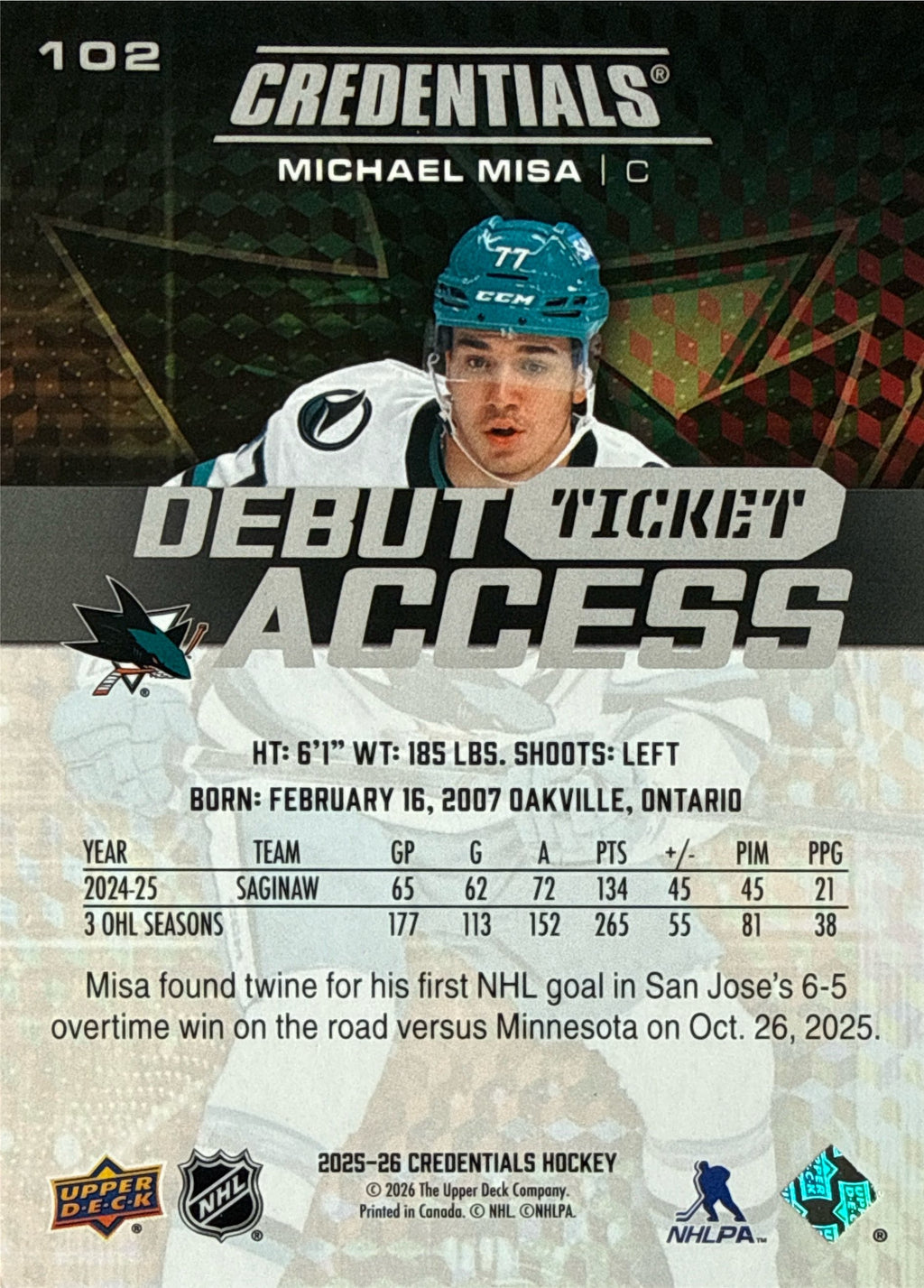 2025-26 Credentials Michael Misa Debut Ticket Access #102 858/999 - Back