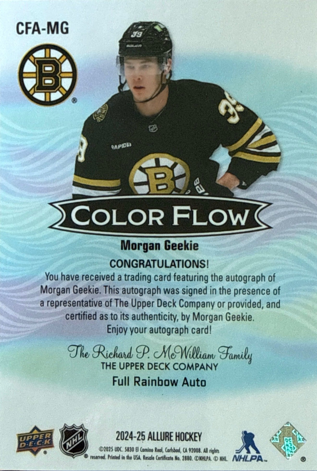 2024-25 Upper Deck Allure Morgan Geekie Color Flow Full Rainbow Auto - Back