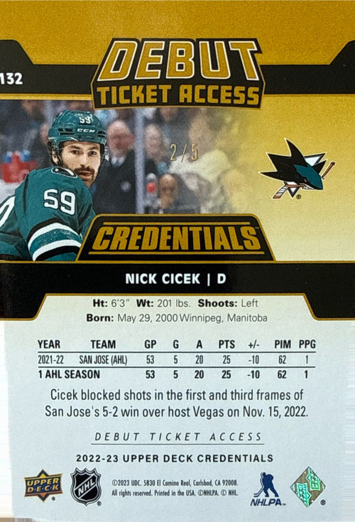 2022-2023 Upper Deck Credentials Nick Cicek Debut Ticket Access Gold #132 2/5
