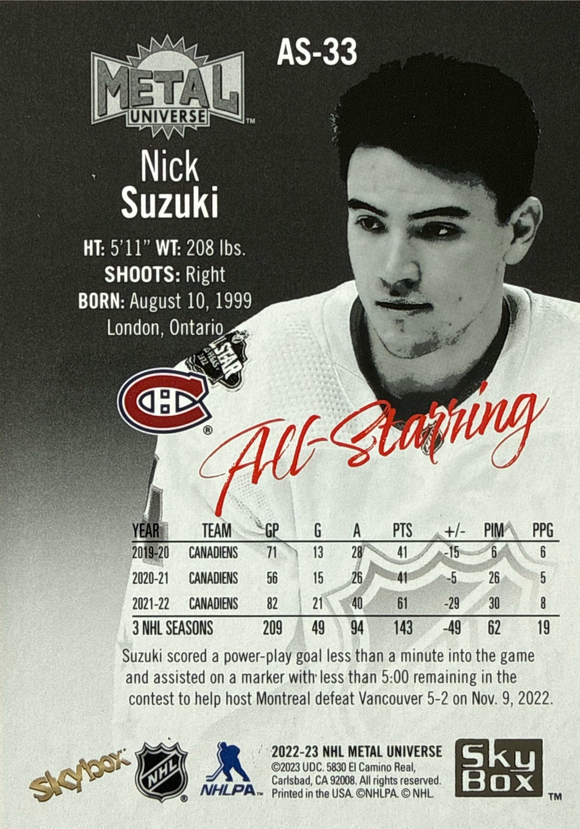 2022-23 Metal Universe Nick Suzuki All-Starring #AS-33 - Back