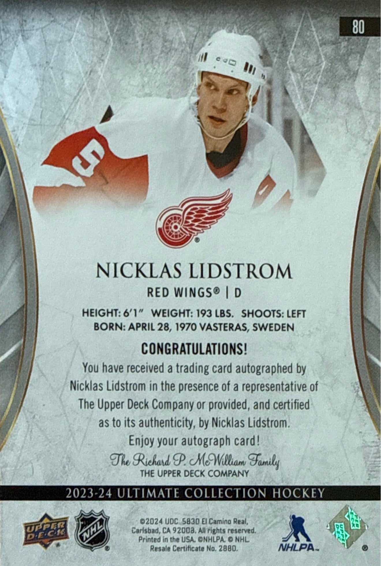 2023-24 Ultimate Collection Nicklas Lidstrom Auto #80 - Back