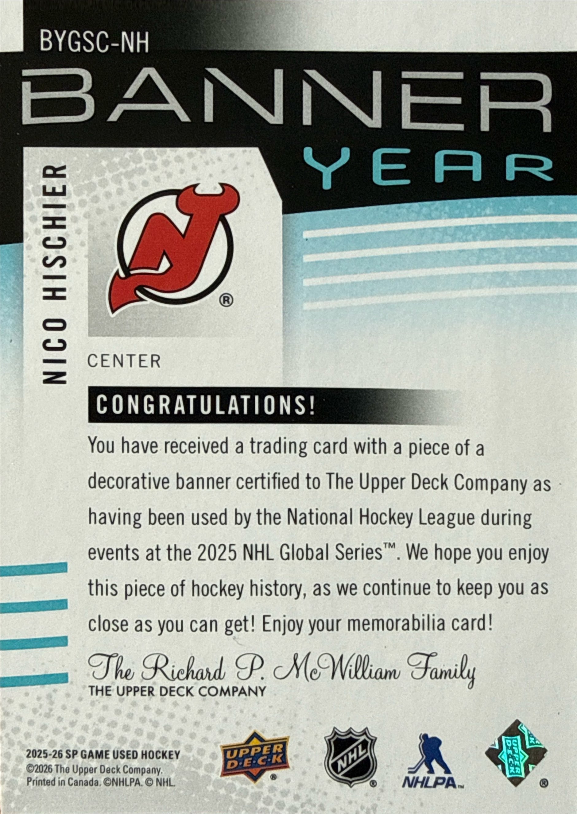 2025-26 SP Game Used Nico Hischier Banner Year Global Series #BYGSC-NH - Back