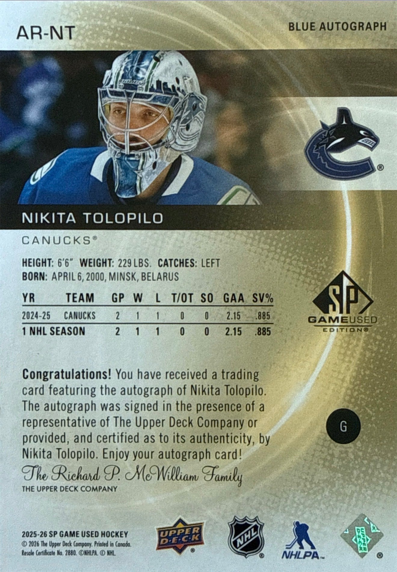 2025-26 SP Game Used Nikita Tolopilo Authentic Rookies Blue Auto #AR-NT - Back
