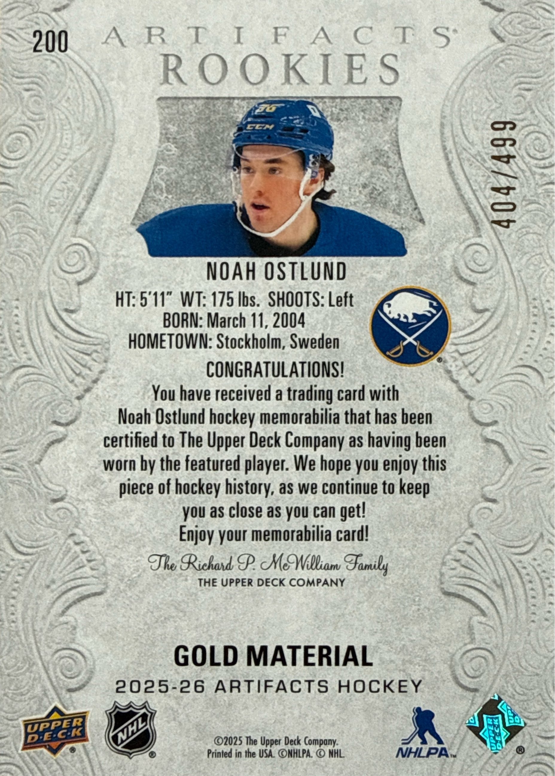 2025-26 Artifacts Noah Ostlund Rookies Gold Material #200 404/499 - Back
