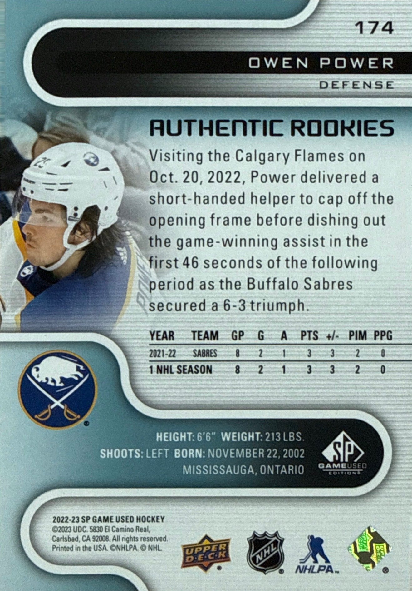 2022-23 SP Game Used Owen Power Authentic Rookies #174 05/25 - Back