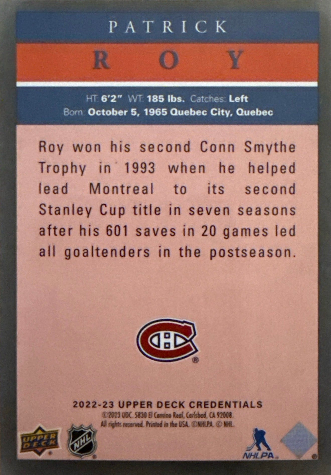 2022-23 Patrick Roy Upper Deck Credentials - Back
