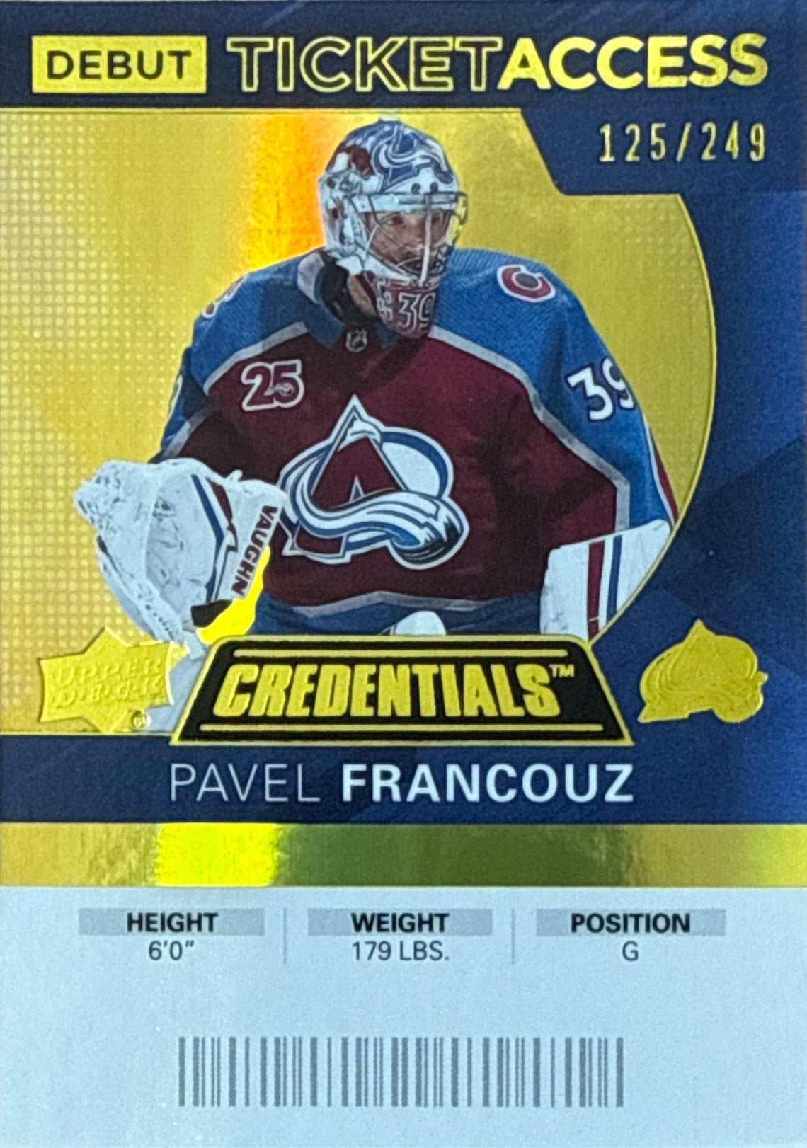 2020-2021 Upper Deck Credentials Pavel Francouz Debut Ticket Access Gold #102 125/249