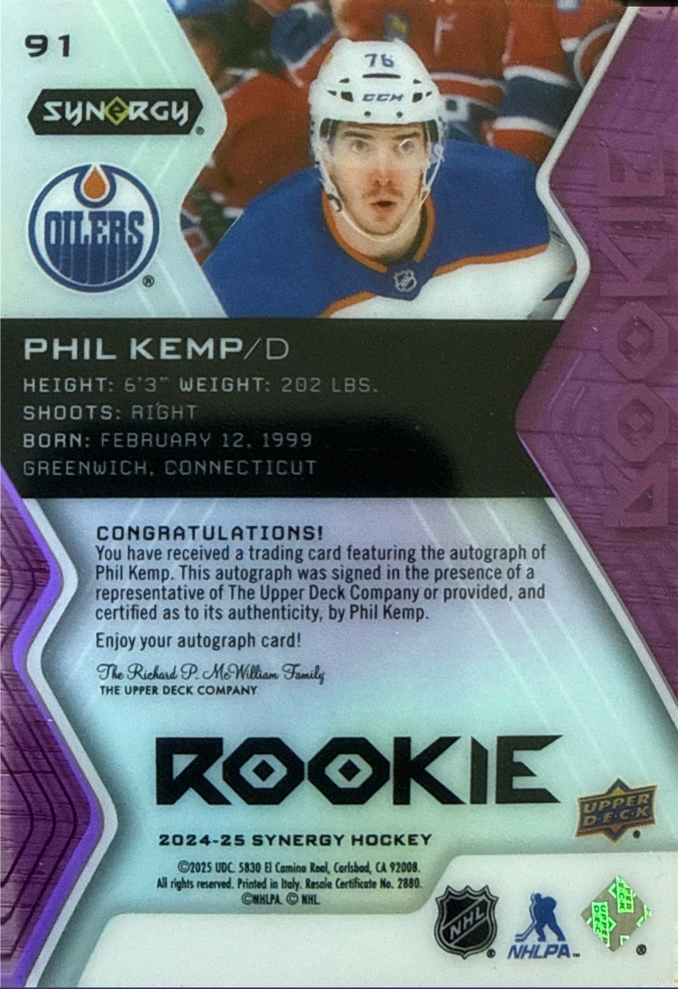 2024-25 Synergy Phil Kemp Purple Rookie Auto 8/99 - Back