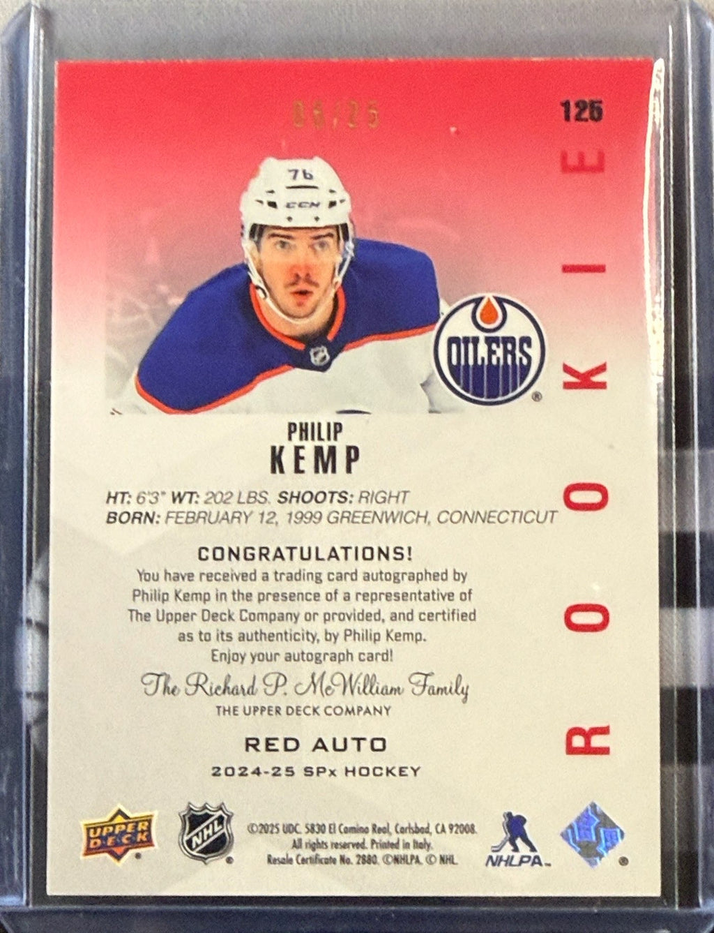 2024-25 SPx Philip Kemp Rookie Red Auto #125 - Back