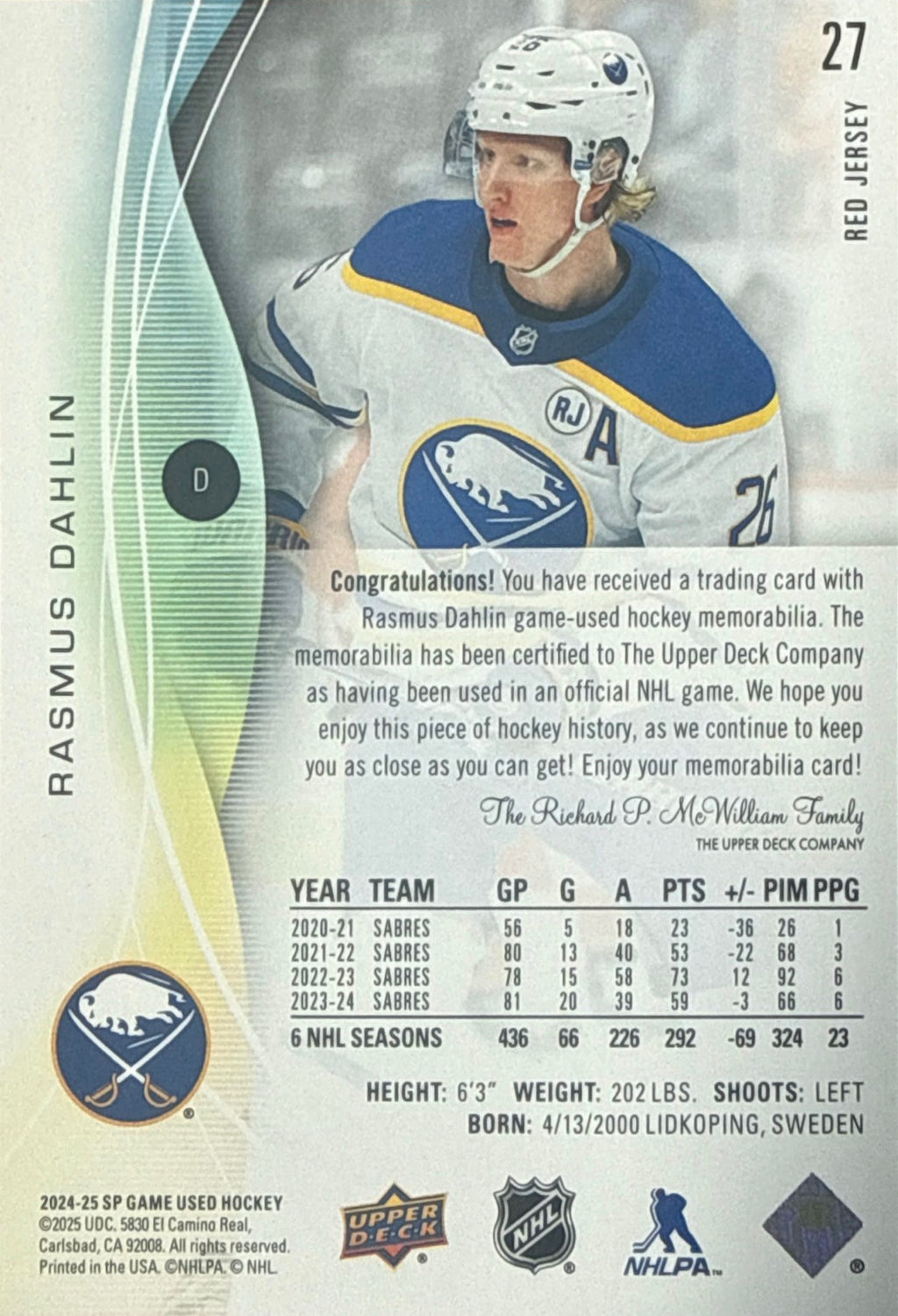 2024-25 SP Game Used Rasmus Dahlin Red Jersey #27 - Back