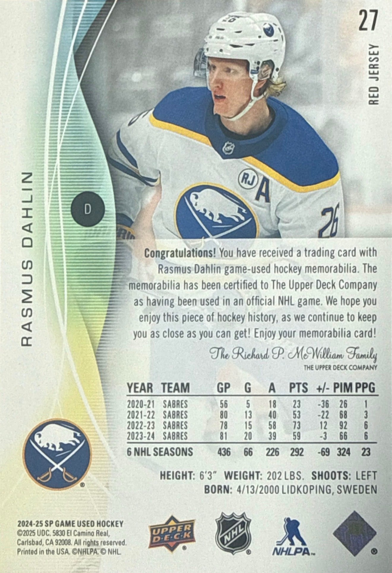 2024-25 SP Game Used Rasmus Dahlin Red Jersey #27 - Back