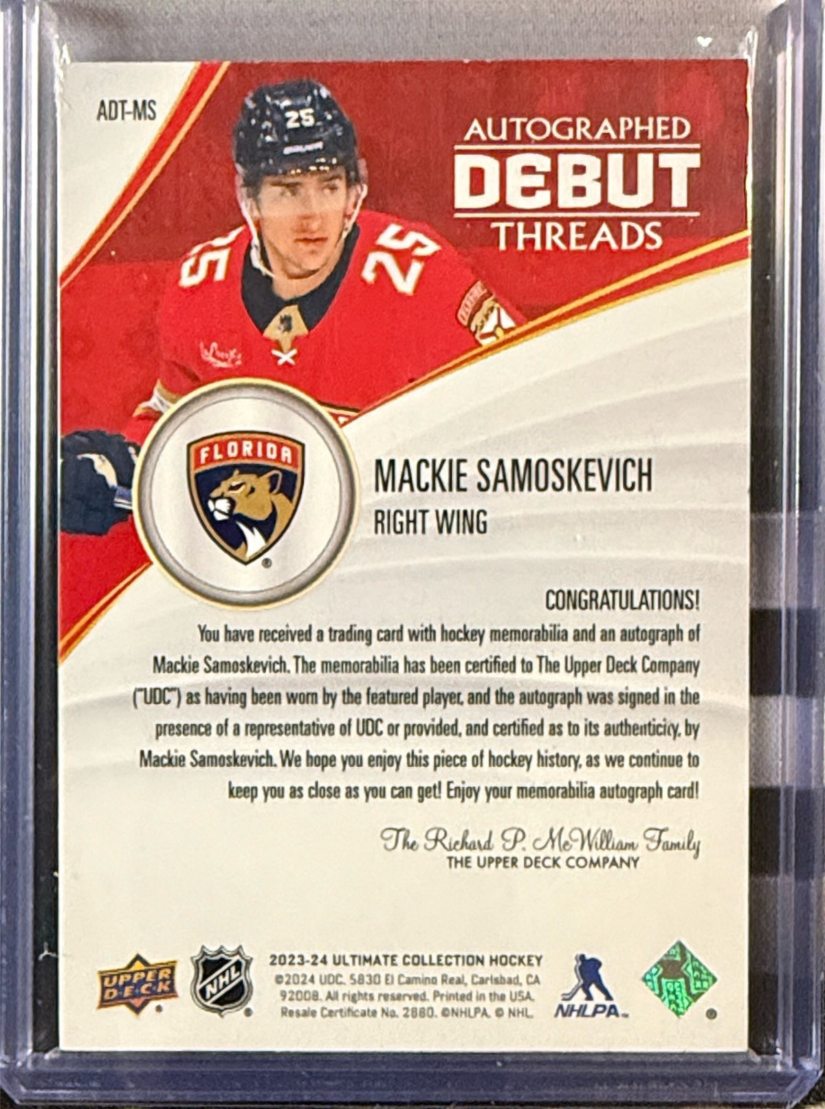 2023-24 Upper Deck Ultimate Collection Mackie Samoskevich Autographed Debut Threads #ADT-MS /95