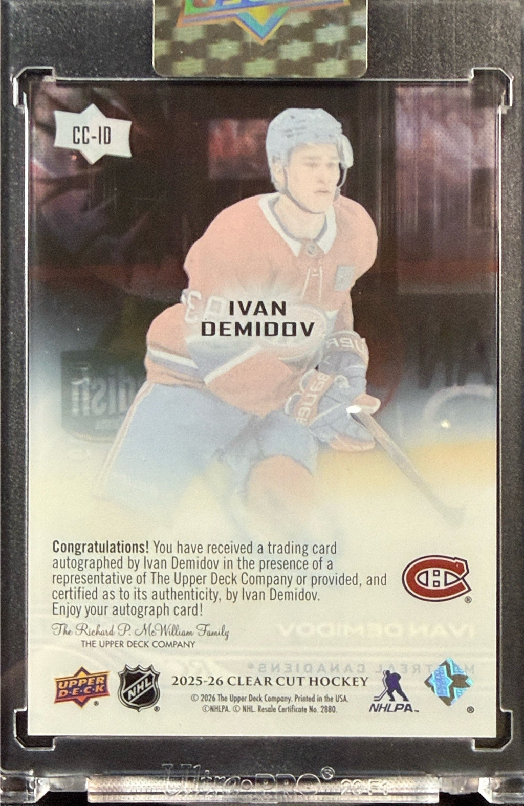 2025-26 Upper Deck Clear Cut Ivan Demidov Rookie Auto Encased #CC-10 /199 Back