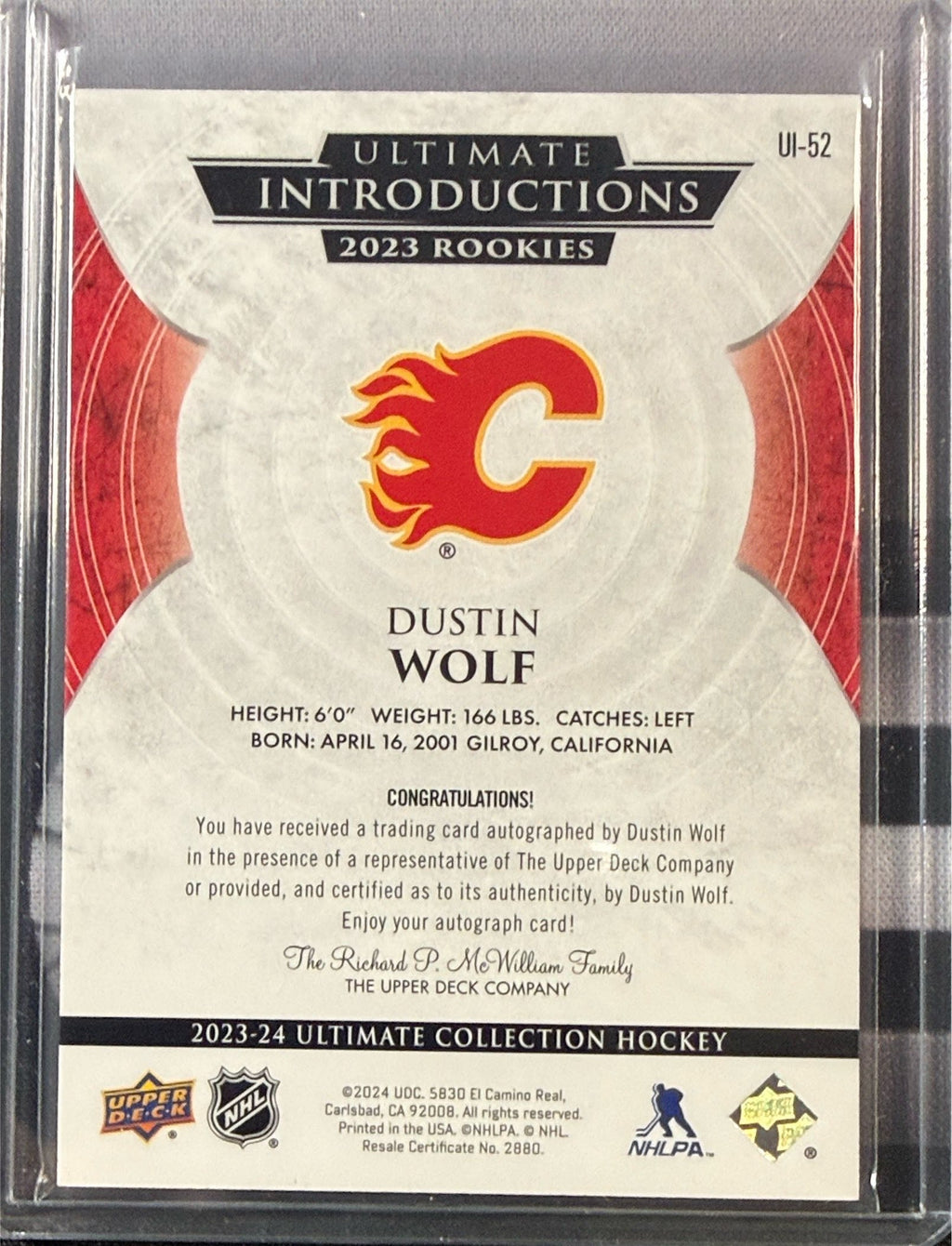 2023-24 Upper Deck Ultimate Introductions Dustin Wolf Auto RC #UI-52 Back