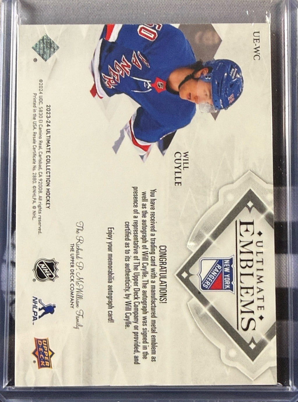 2023-24 Upper Deck Ultimate Emblems Will Cuylle Auto Emblem RC #UE-WC Back