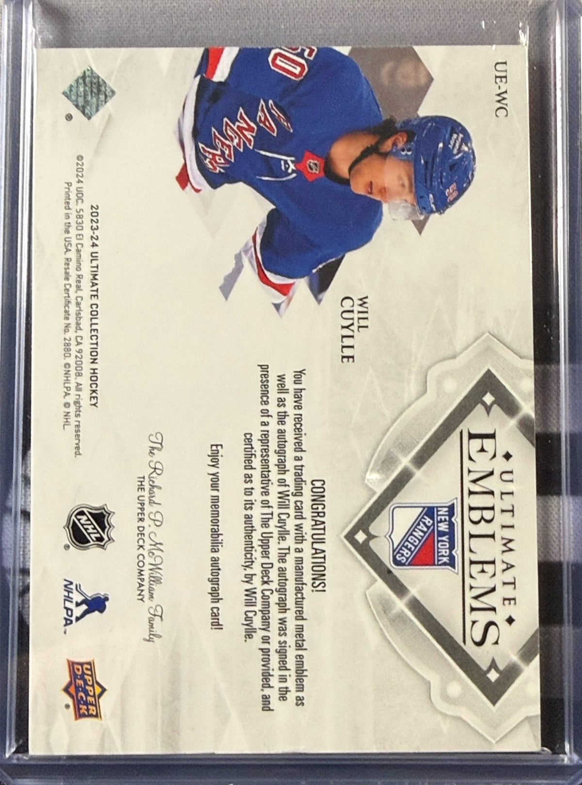 2023-24 Upper Deck Ultimate Emblems Will Cuylle Auto Emblem RC #UE-WC Back