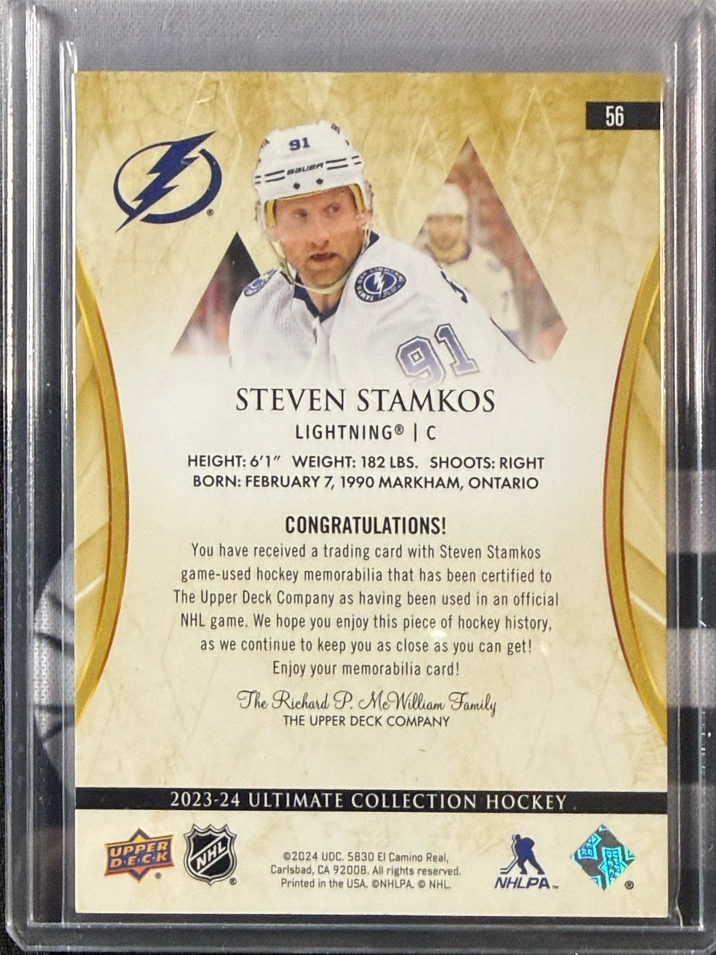 2023-24 Upper Deck Ultimate Steven Stamkos Jumbo Jersey #56 015/149 Back