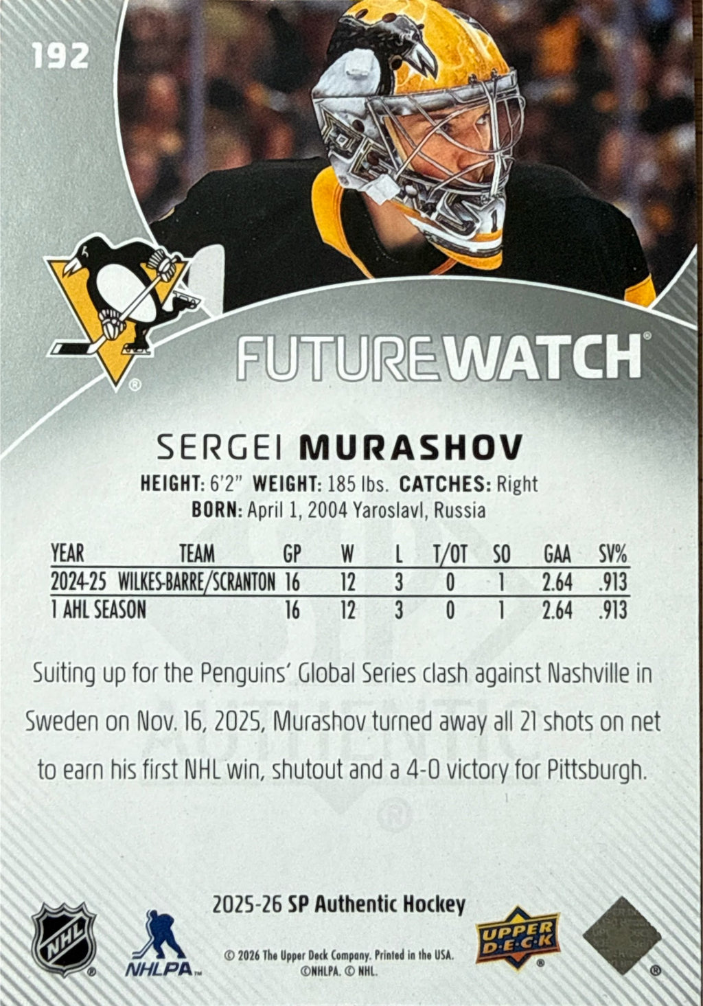 2025-26 SP Authentic Sergei Murashov Future Watch #192 995/999 - Back
