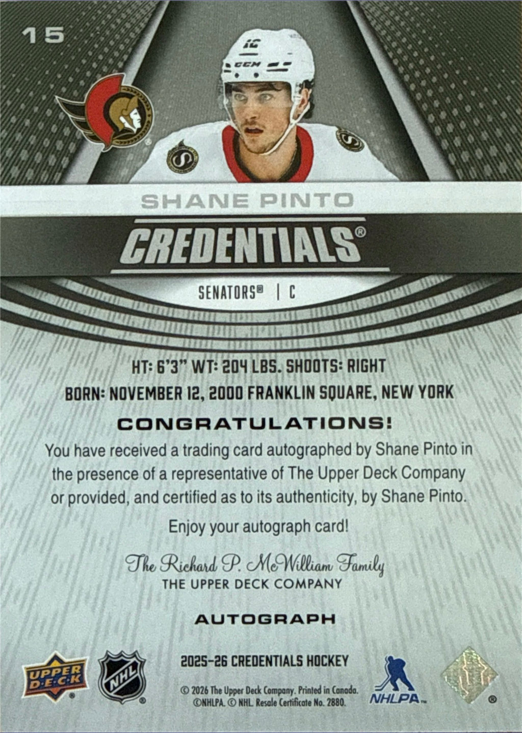 2025-26 Upper Deck Credentials Shane Pinto Auto #15 - Back