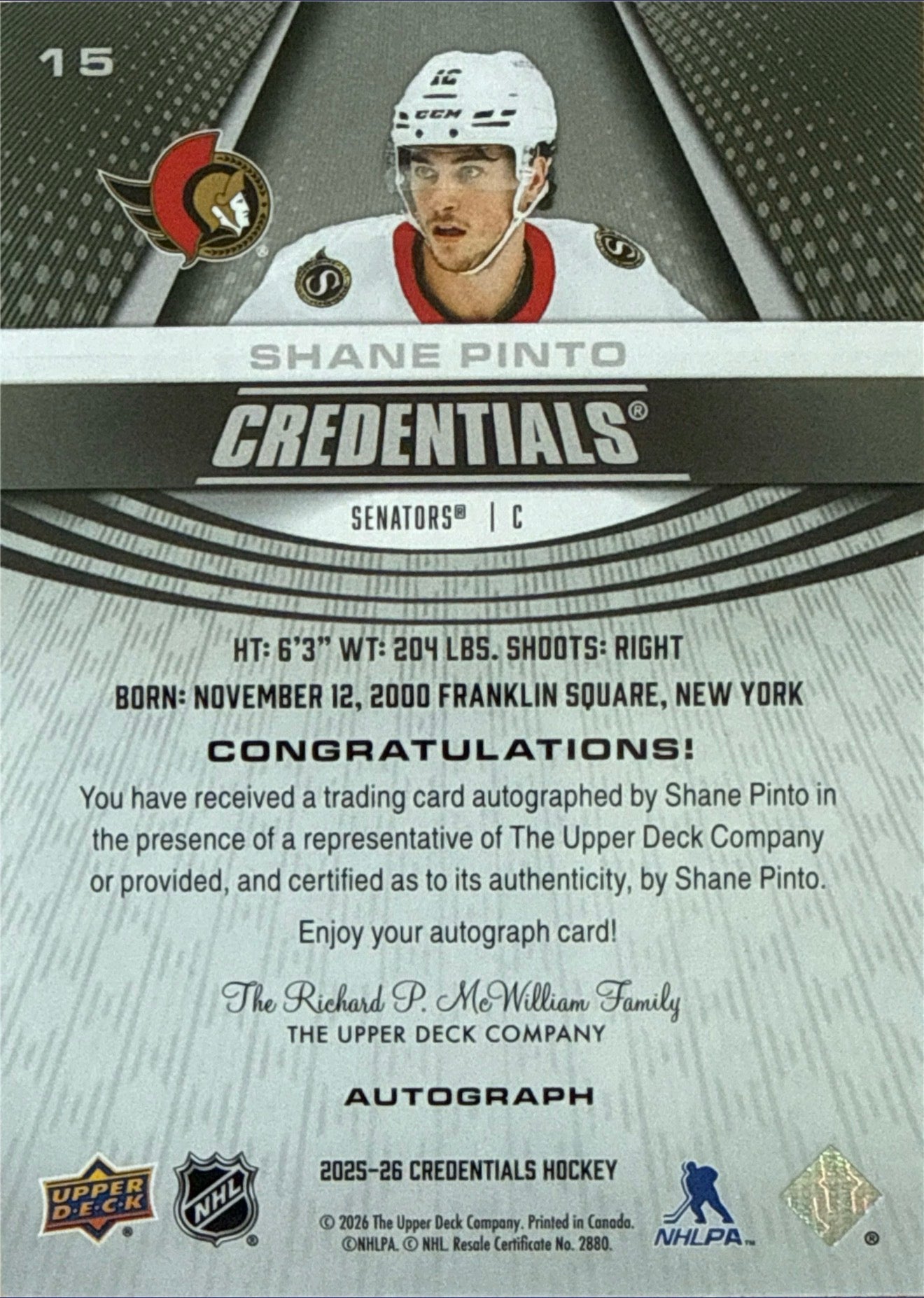 2025-26 Upper Deck Credentials Shane Pinto Auto #15 - Back
