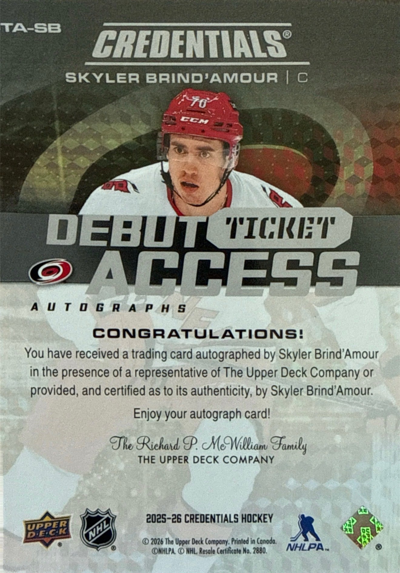 2025-26 Upper Deck Credentials Skyler Brind'Amour Debut Ticket Access Auto 124/199 - Back