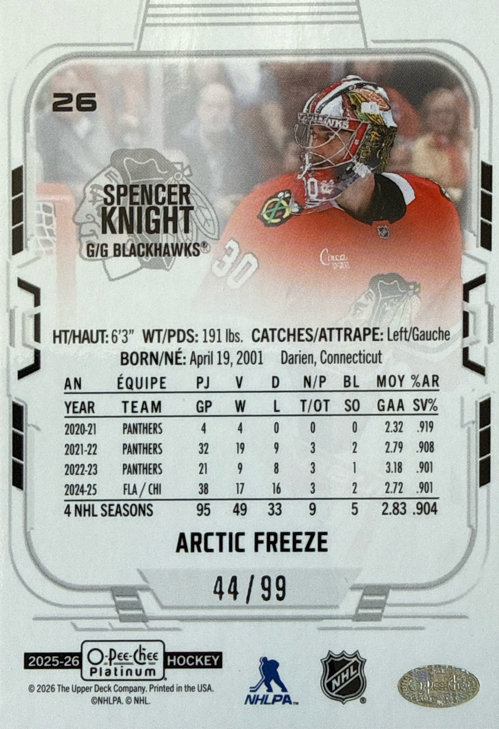 2025-2026 O-Pee-Chee Platinum Spencer Knight Arctic Freeze #26 44/99