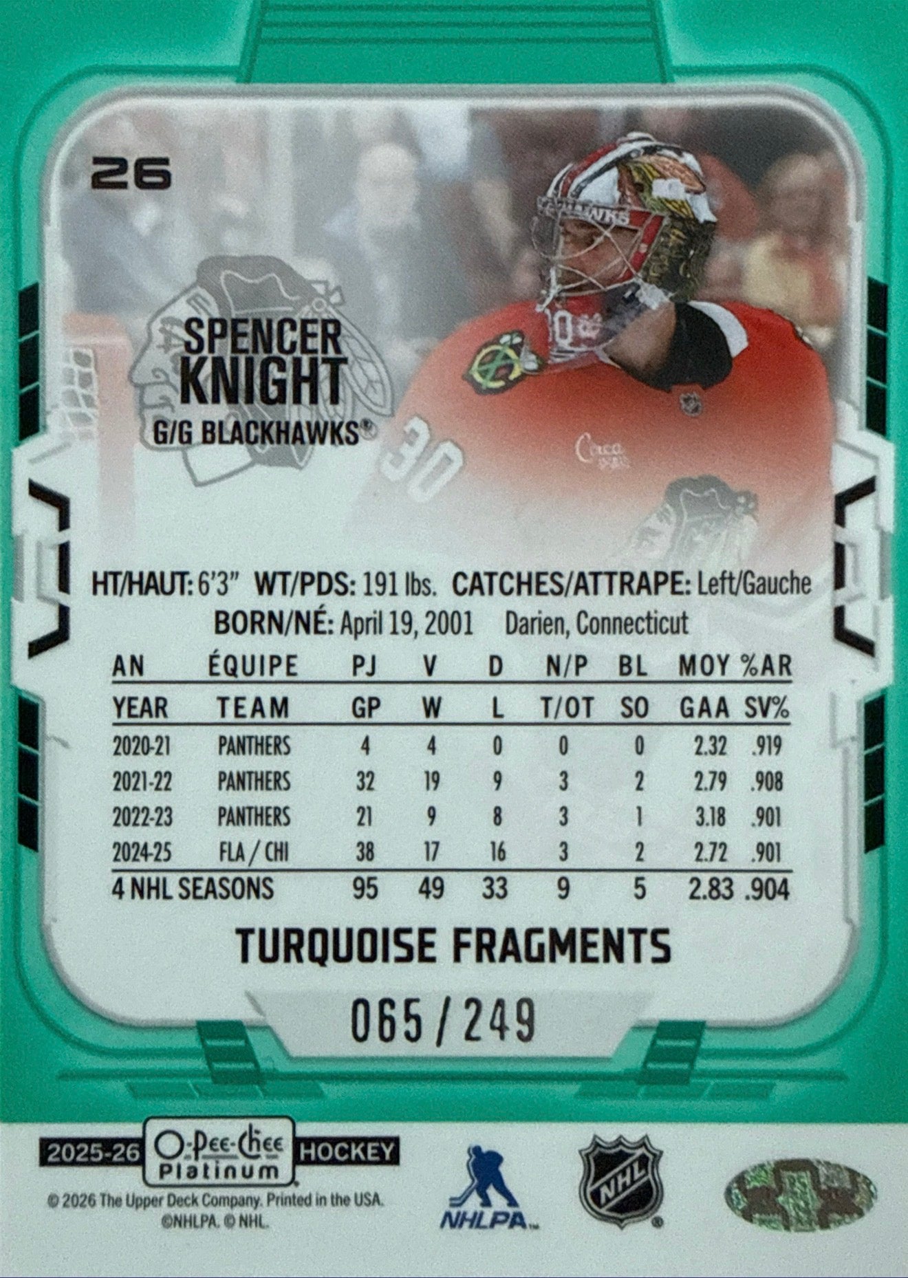 2025-26 O-Pee-Chee Platinum Spencer Knight Turquoise Fragments #26 065/249 - Back