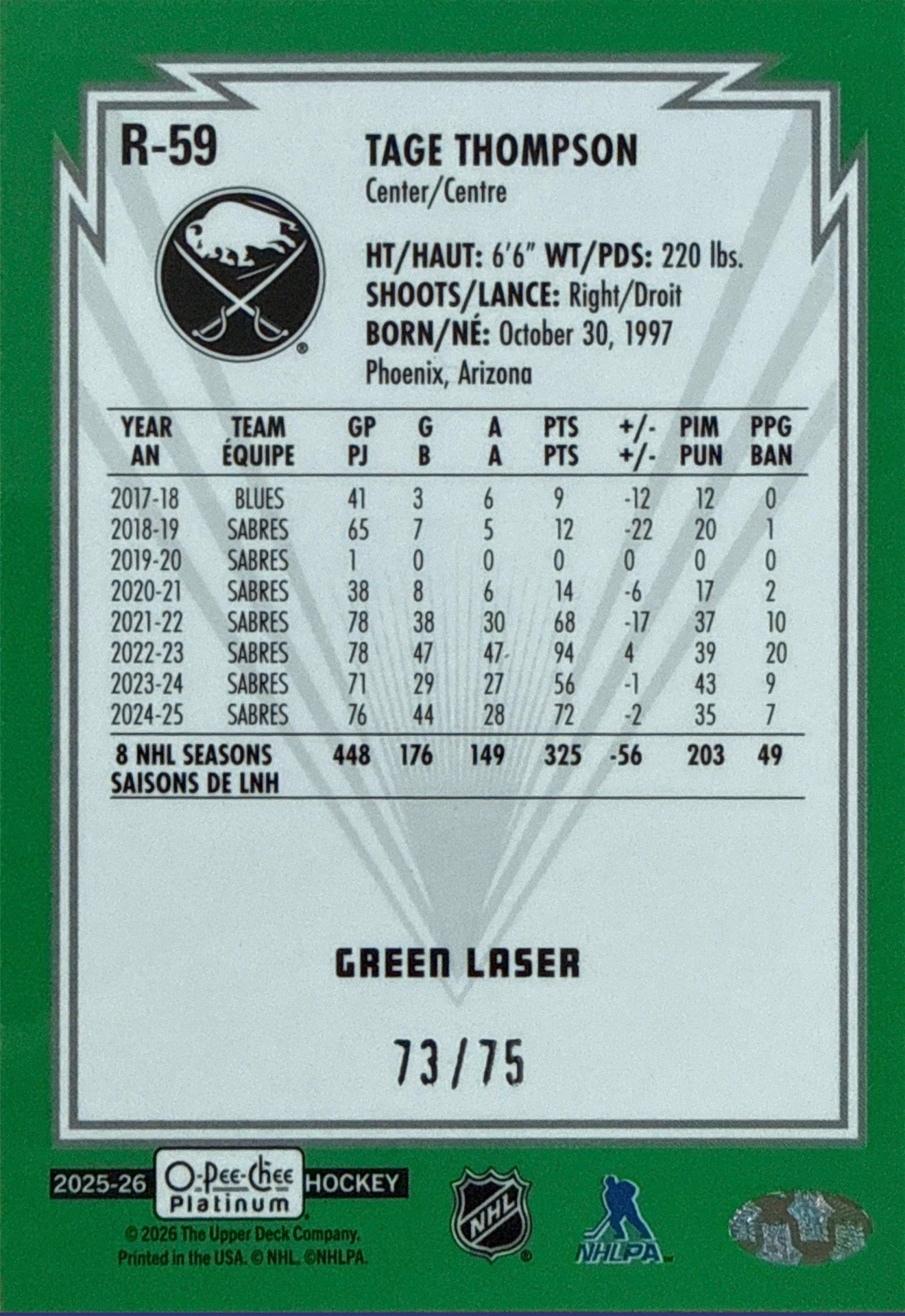 2025-26 O-Pee-Chee Platinum Tage Thompson Green Laser #R-59 73/75 - Back