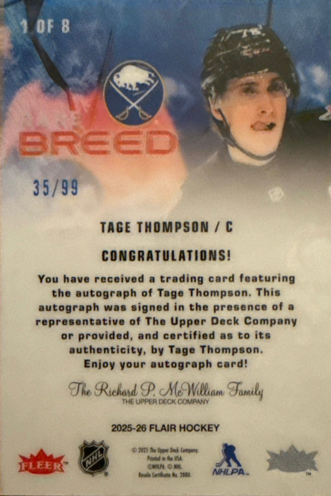 2025-26 Tage Thompson Flair Hockey Rare Breed Auto 35/99 - Back