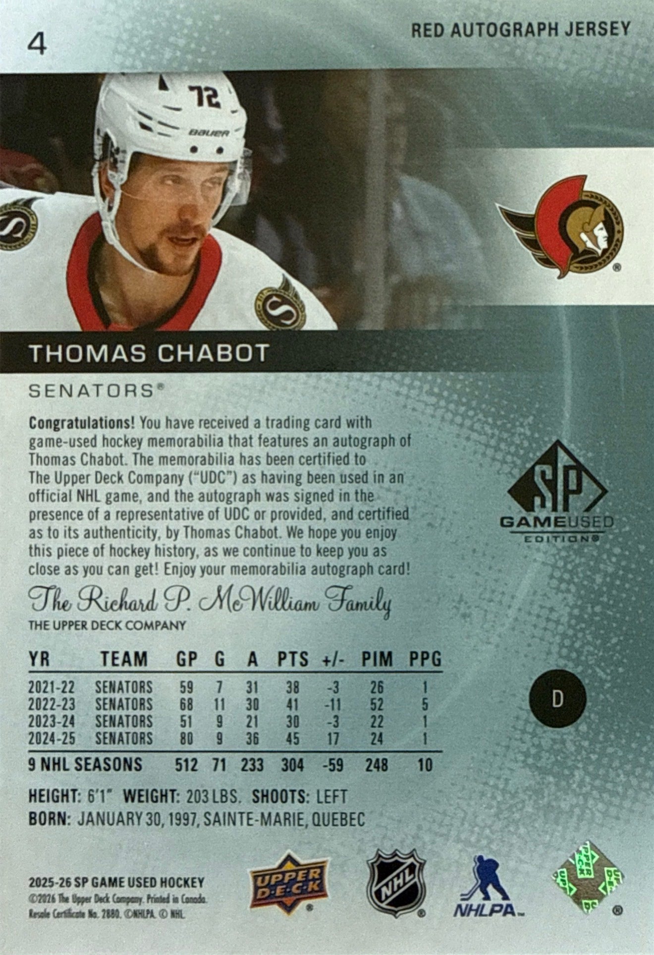 2025-26 SP Game Used Thomas Chabot Red Autograph Jersey 145/149 - Back