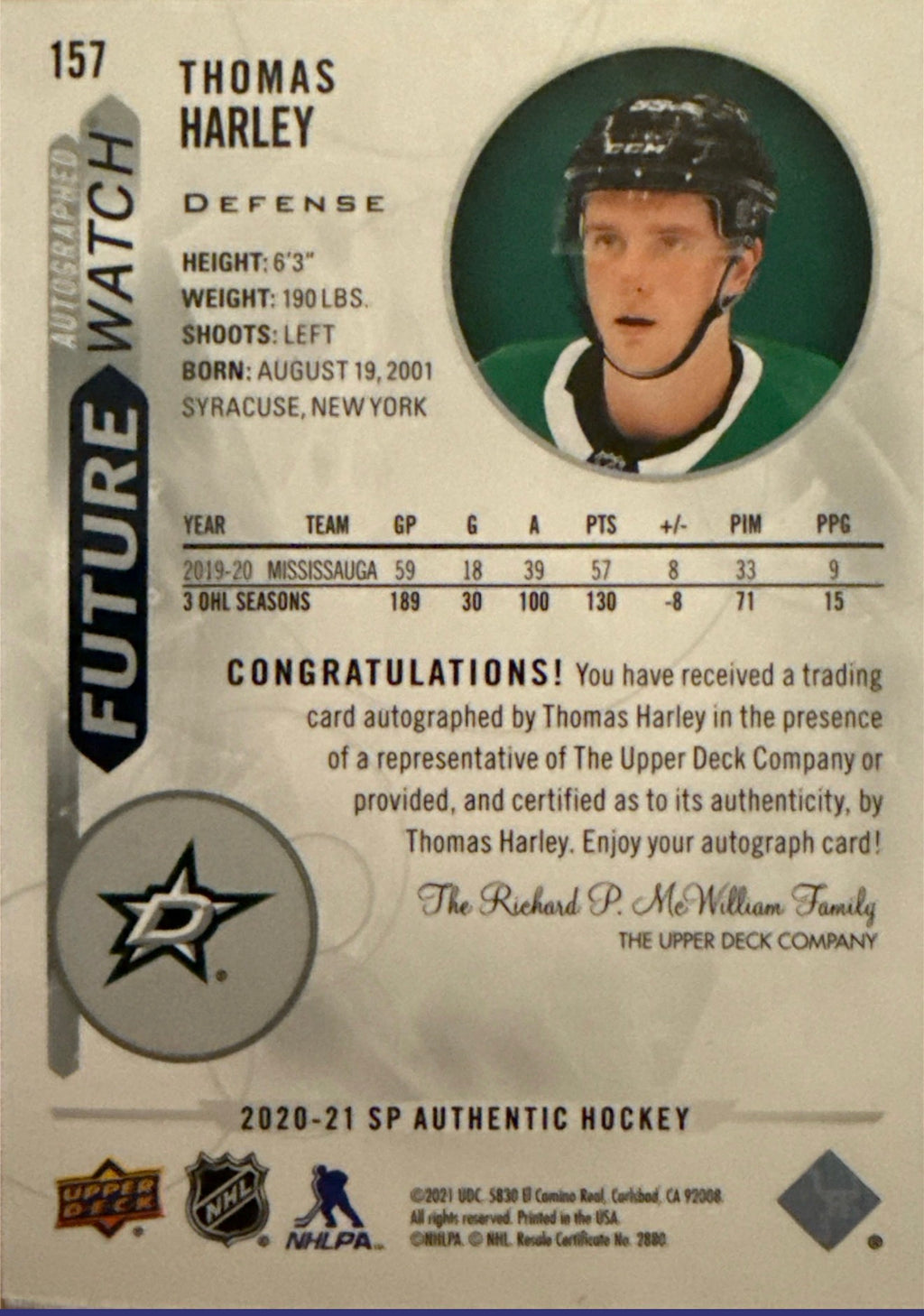 2020-21 Thomas Harley SP Authentic Future Watch Auto #157 886/999 - Back