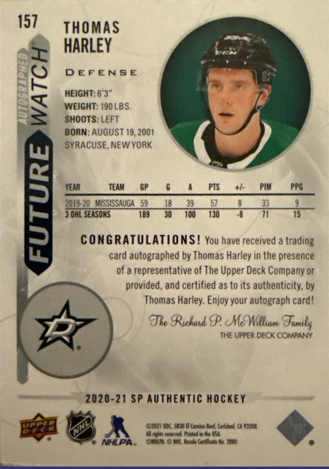 2020-21 Thomas Harley SP Authentic Future Watch Auto #157 886/999 - Back