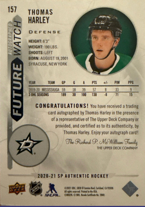 2020-21 Thomas Harley SP Authentic Future Watch Auto #157 886/999 - Back