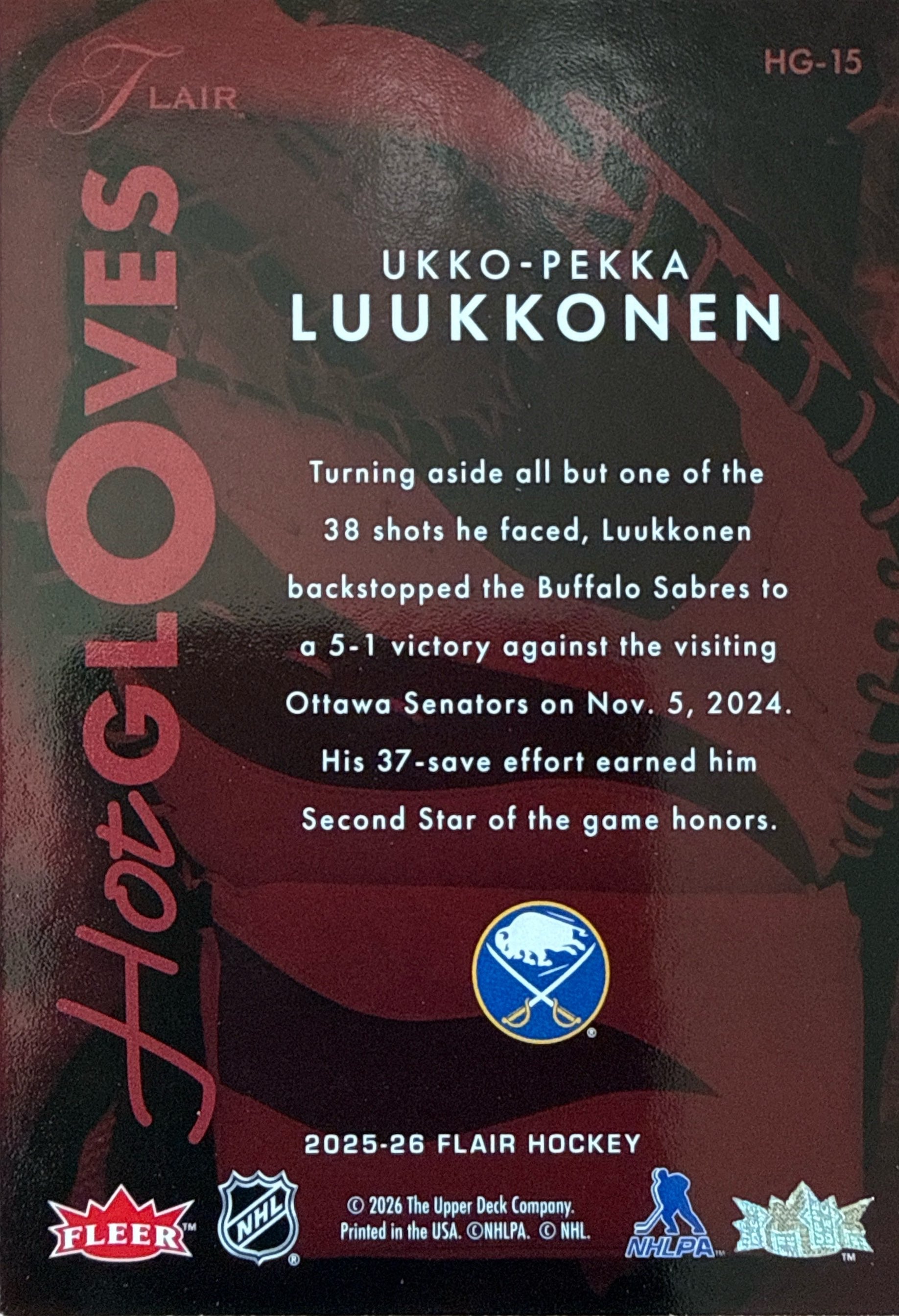 2025-2026 Upper Deck Flair Ukko-Pekka Luukkonen Hot Gloves #HG15