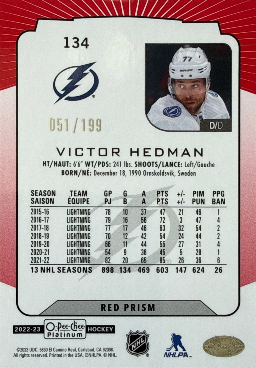 2022-2023 O-Pee-Chee Platinum Victor Hedman Red Prism 51/199